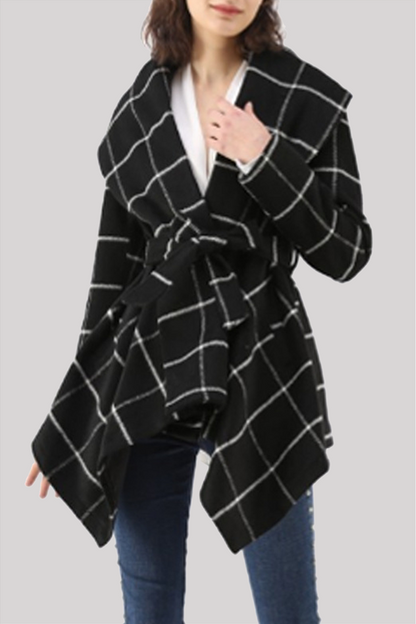 Fashion Elegant Plaid With Belt Asymmetrical Turndown Collar Outerwear