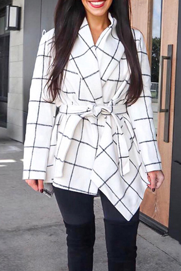 Fashion Elegant Plaid With Belt Asymmetrical Turndown Collar Outerwear