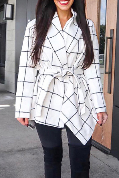Fashion Elegant Plaid With Belt Asymmetrical Turndown Collar Outerwear