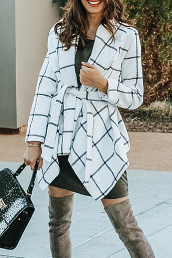 Fashion Elegant Plaid With Belt Asymmetrical Turndown Collar Outerwear
