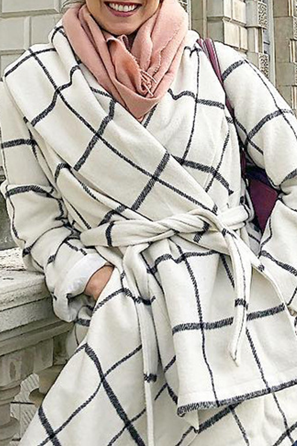 Fashion Elegant Plaid With Belt Asymmetrical Turndown Collar Outerwear