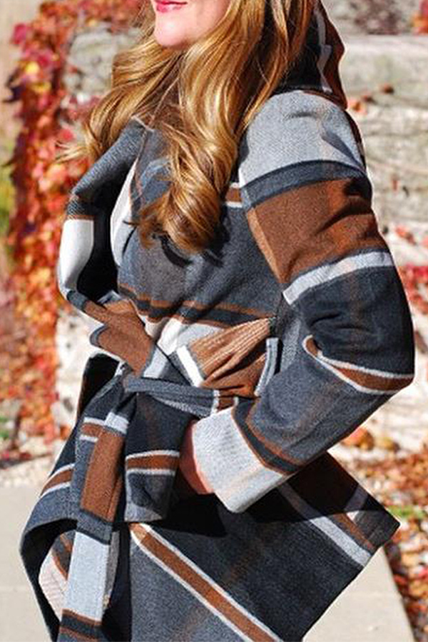 Fashion Elegant Plaid With Belt Asymmetrical Turndown Collar Outerwear