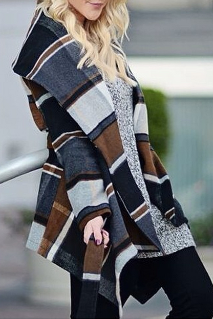 Fashion Elegant Plaid With Belt Asymmetrical Turndown Collar Outerwear