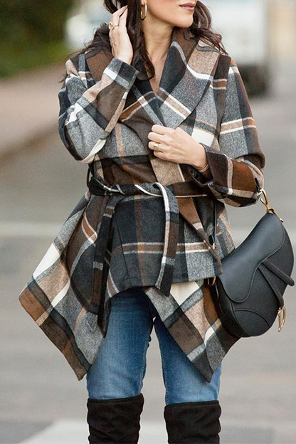 Fashion Elegant Plaid With Belt Asymmetrical Turndown Collar Outerwear