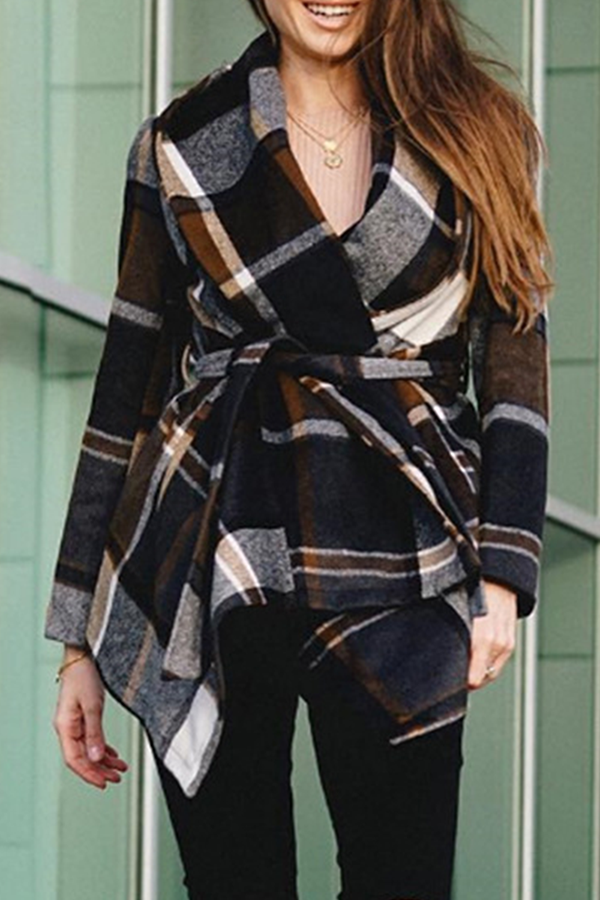 Fashion Elegant Plaid With Belt Asymmetrical Turndown Collar Outerwear