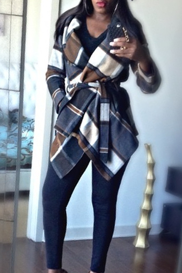Fashion Elegant Plaid With Belt Asymmetrical Turndown Collar Outerwear