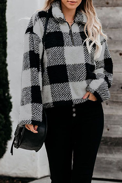 Fashion Street Plaid Split Joint Zipper Turtleneck Tops