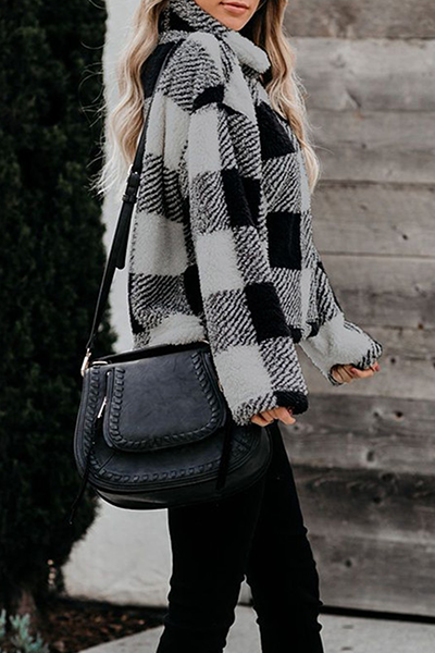 Fashion Street Plaid Split Joint Zipper Turtleneck Tops