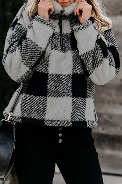 Fashion Street Plaid Split Joint Zipper Turtleneck Tops