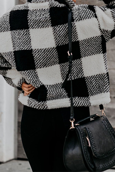Fashion Street Plaid Split Joint Zipper Turtleneck Tops
