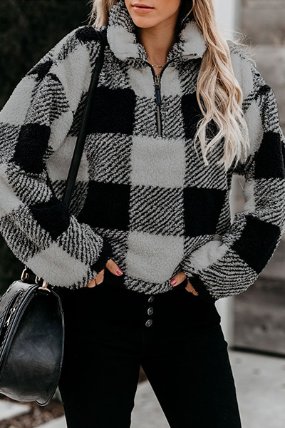 Fashion Street Plaid Split Joint Zipper Turtleneck Tops