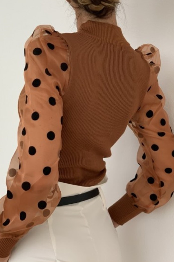 Fashion Elegant Polka Dot Split Joint Mesh O Neck Tops