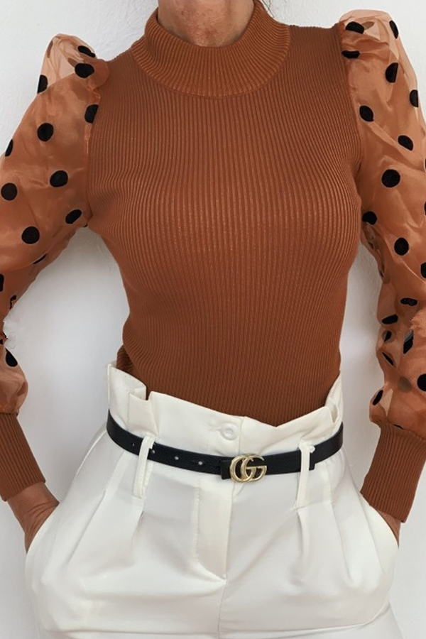 Fashion Elegant Polka Dot Split Joint Mesh O Neck Tops