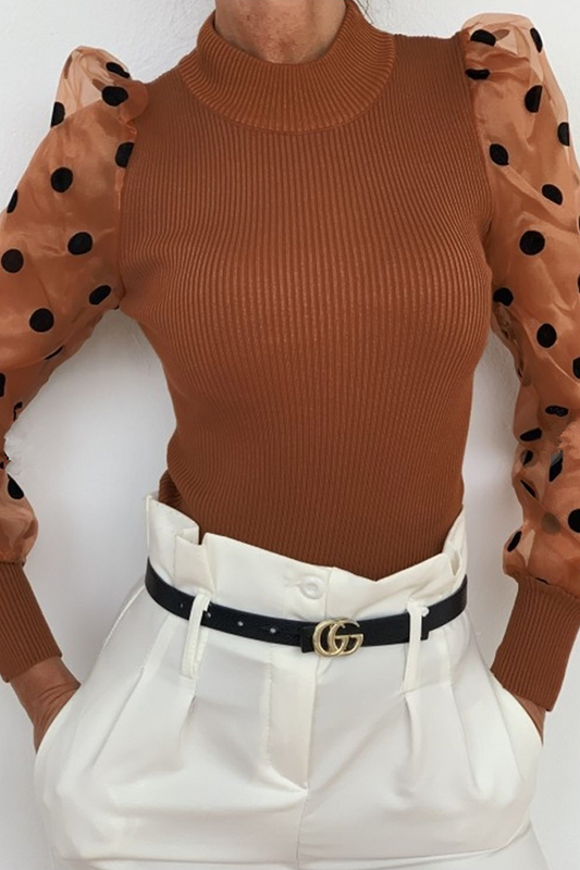 Fashion Elegant Polka Dot Split Joint Mesh O Neck Tops