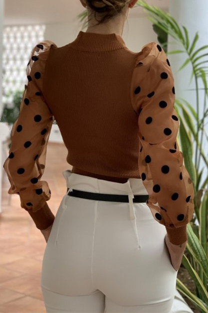 Fashion Elegant Polka Dot Split Joint Mesh O Neck Tops