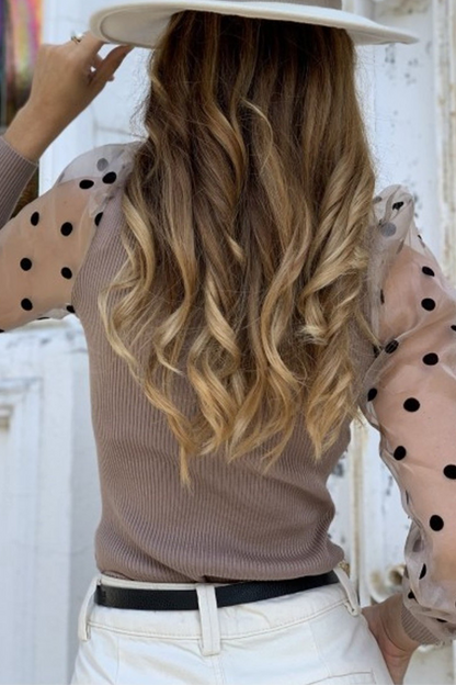 Fashion Elegant Polka Dot Split Joint Mesh O Neck Tops