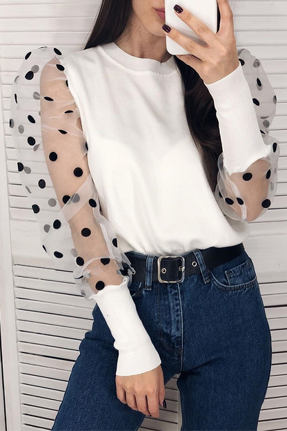 Fashion Elegant Polka Dot Split Joint Mesh O Neck Tops