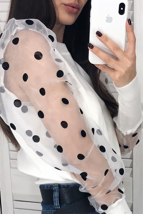 Fashion Elegant Polka Dot Split Joint Mesh O Neck Tops
