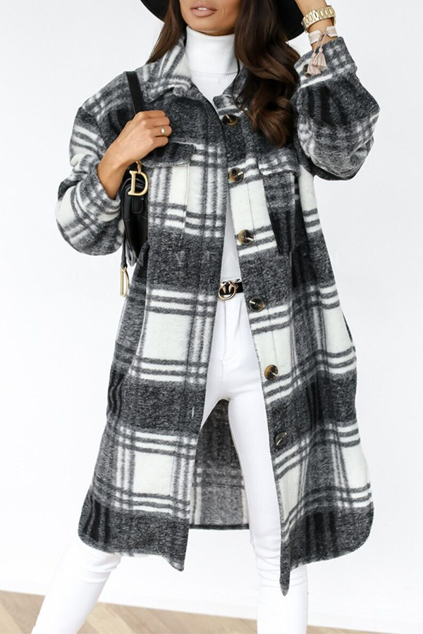 Casual Elegant Plaid Pocket Buckle Turndown Collar Outerwear