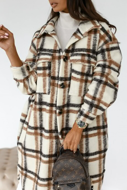 Casual Elegant Plaid Pocket Buckle Turndown Collar Outerwear