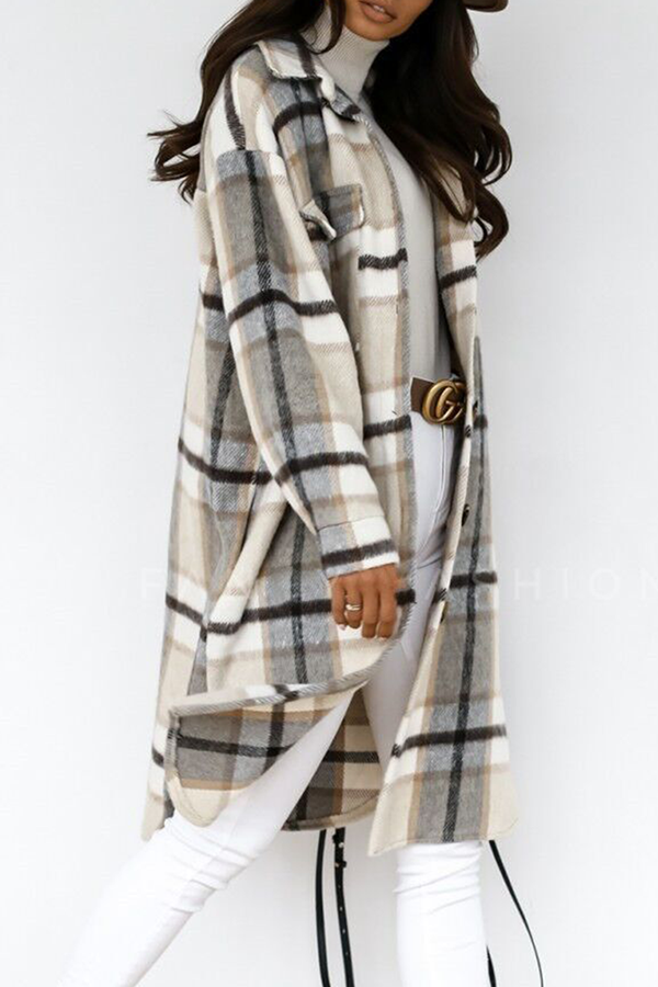 Casual Elegant Plaid Pocket Buckle Turndown Collar Outerwear