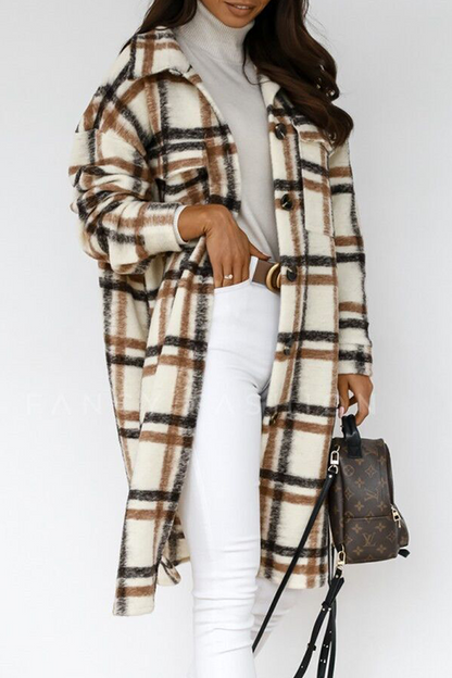 Casual Elegant Plaid Pocket Buckle Turndown Collar Outerwear
