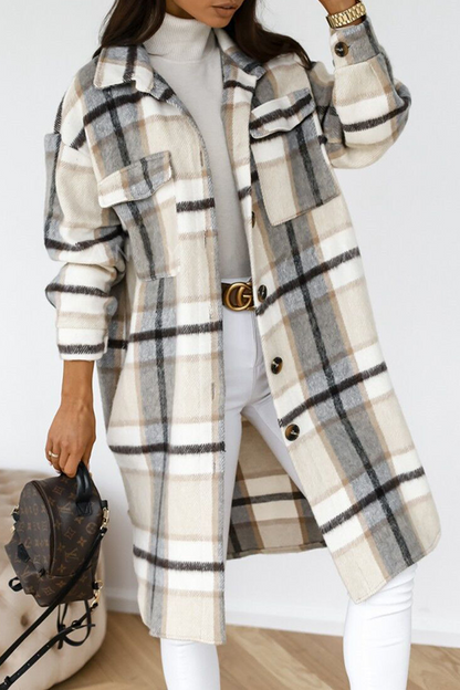 Casual Elegant Plaid Pocket Buckle Turndown Collar Outerwear