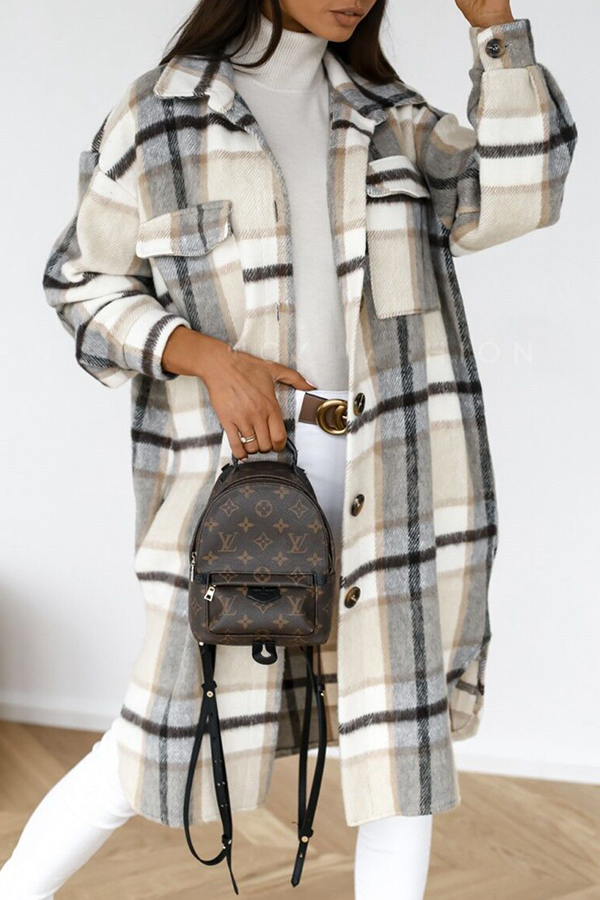 Casual Elegant Plaid Pocket Buckle Turndown Collar Outerwear