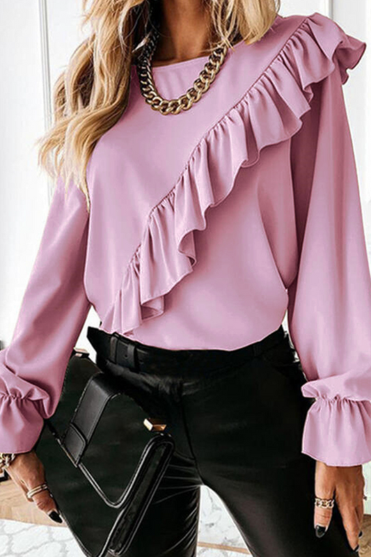 Fashion Elegant Solid Split Joint Flounce O Neck Tops