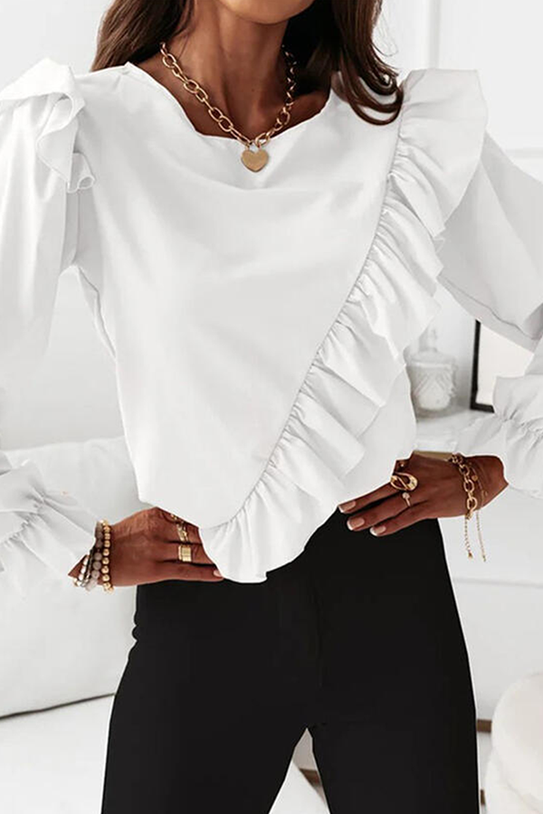 Fashion Elegant Solid Split Joint Flounce O Neck Tops