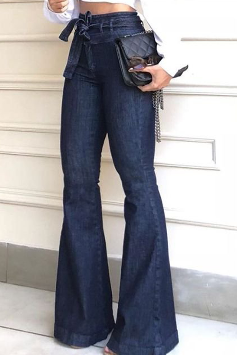 Casual Solid Patchwork Mid Waist Boot Cut Denim Jeans