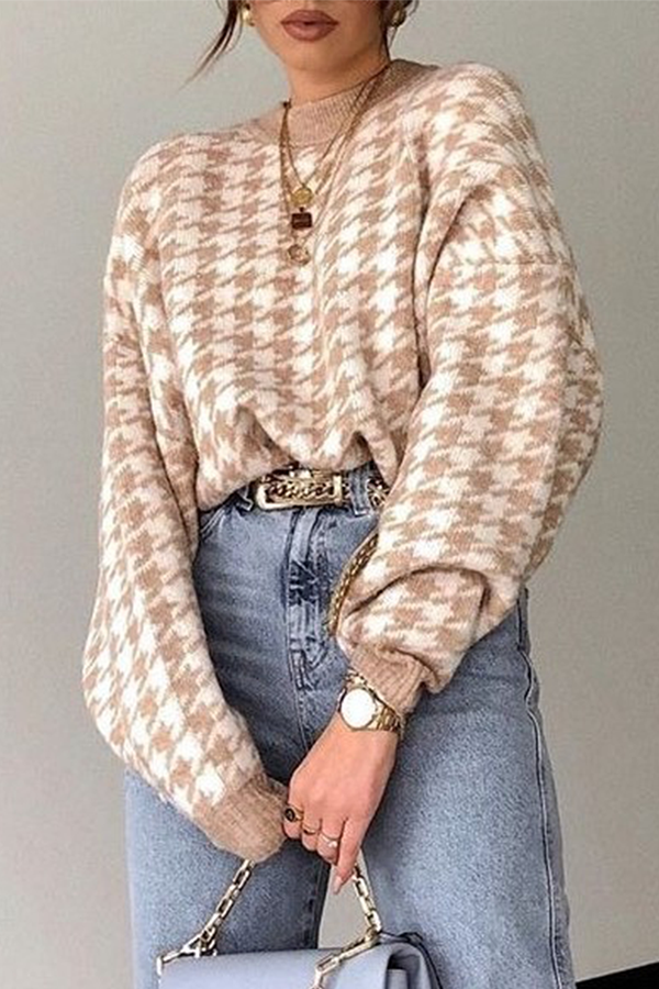 Fashion Street Geometric Patchwork Contrast O Neck Sweater(3 Colors)