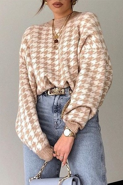 Fashion Street Geometric Patchwork Contrast O Neck Sweater(3 Colors)