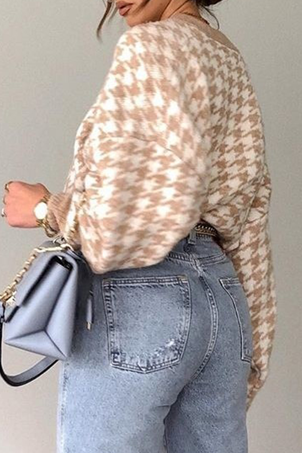 Fashion Street Geometric Patchwork Contrast O Neck Sweater(3 Colors)