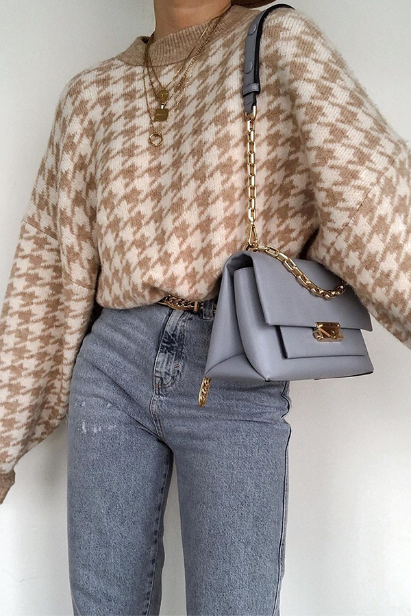 Fashion Street Geometric Patchwork Contrast O Neck Sweater(3 Colors)