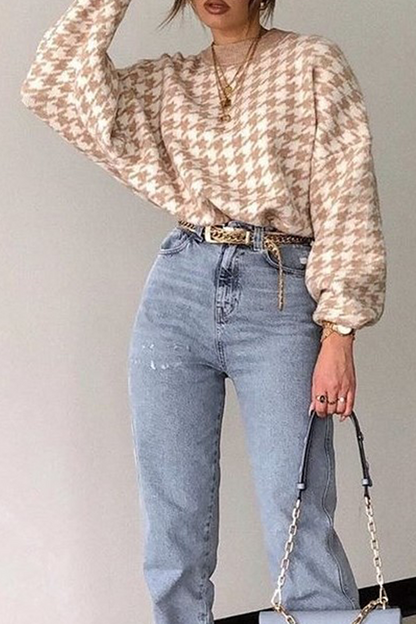 Fashion Street Geometric Patchwork Contrast O Neck Sweater(3 Colors)