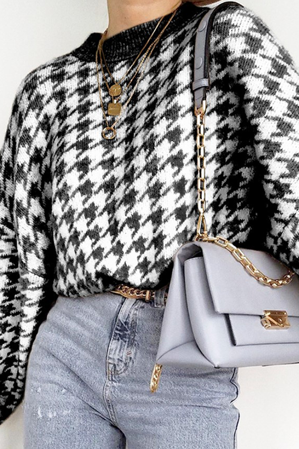 Fashion Street Geometric Patchwork Contrast O Neck Sweater(3 Colors)