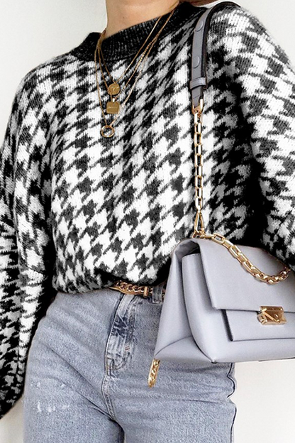 Fashion Street Geometric Patchwork Contrast O Neck Sweater(3 Colors)