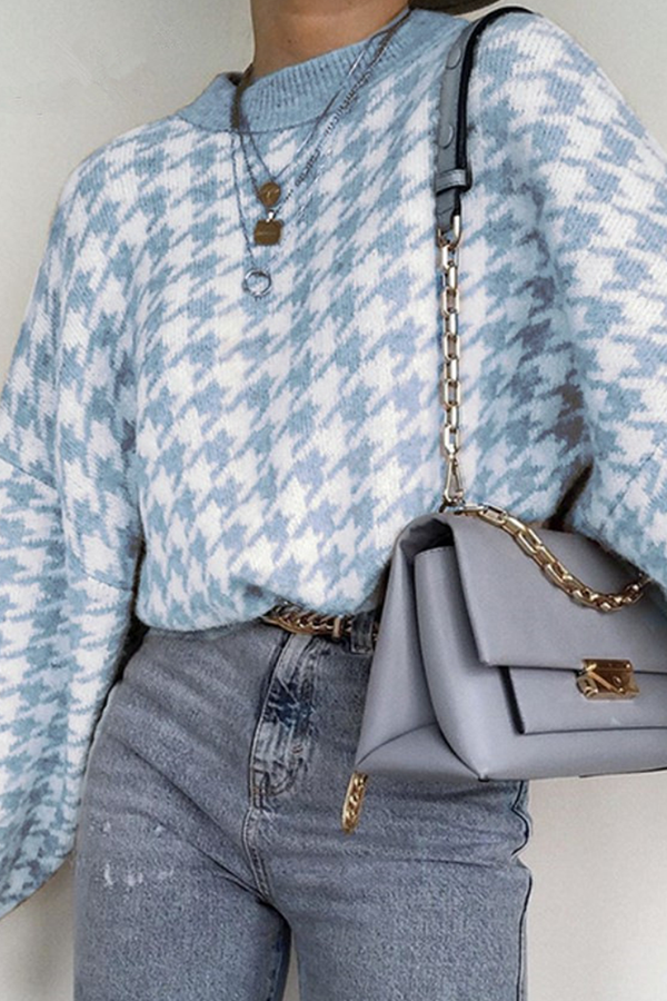 Fashion Street Geometric Patchwork Contrast O Neck Sweater(3 Colors)