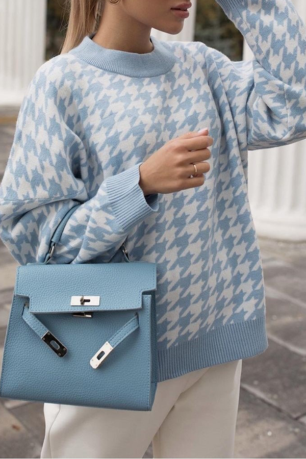 Fashion Street Geometric Patchwork Contrast O Neck Sweater(3 Colors)