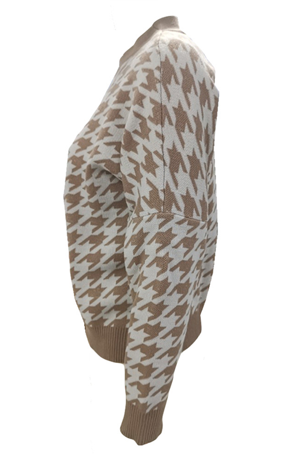 Fashion Street Geometric Patchwork Contrast O Neck Sweater(3 Colors)