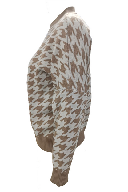 Fashion Street Geometric Patchwork Contrast O Neck Sweater(3 Colors)