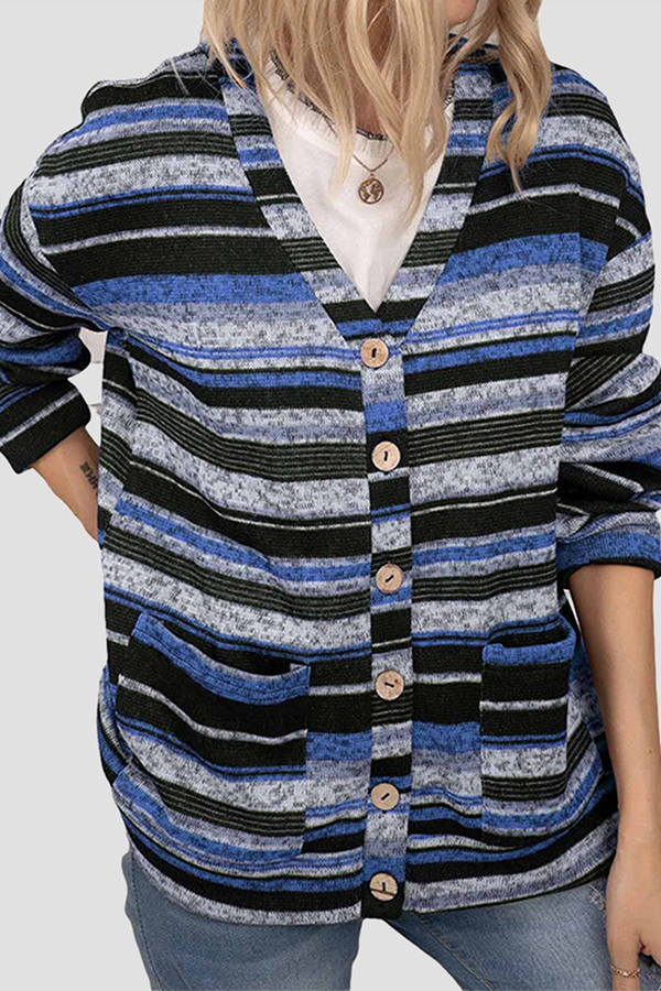 Casual Striped Pocket Buckle V Neck Outerwear(5 Colors)