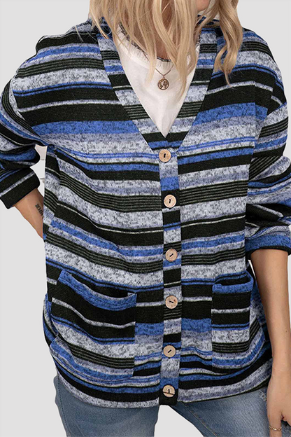 Casual Striped Pocket Buckle V Neck Outerwear(5 Colors)
