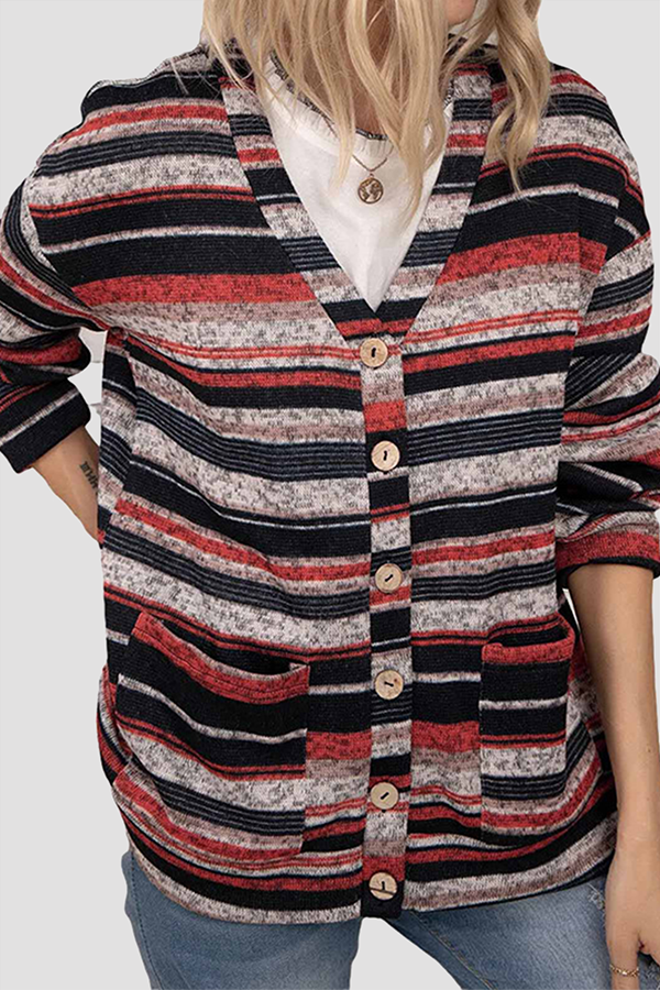 Casual Striped Pocket Buckle V Neck Outerwear(5 Colors)