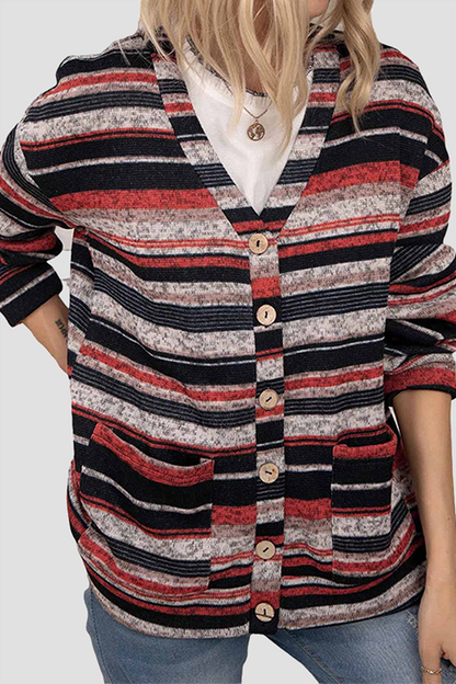 Casual Striped Pocket Buckle V Neck Outerwear(5 Colors)
