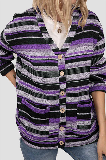 Casual Striped Pocket Buckle V Neck Outerwear(5 Colors)