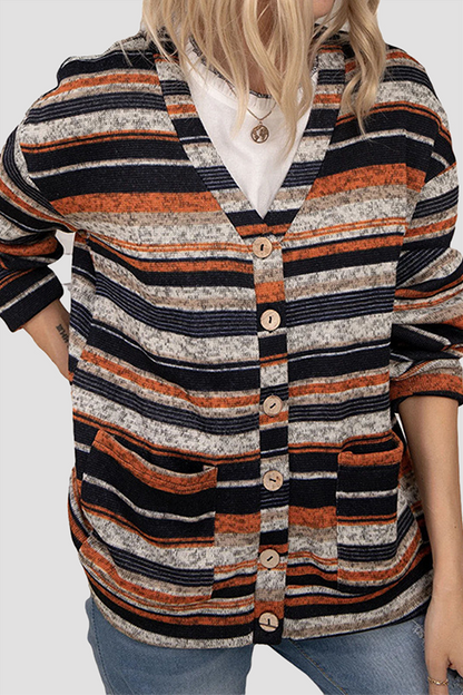 Casual Striped Pocket Buckle V Neck Outerwear(5 Colors)