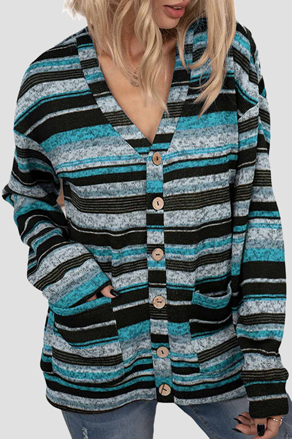 Casual Striped Pocket Buckle V Neck Outerwear(5 Colors)