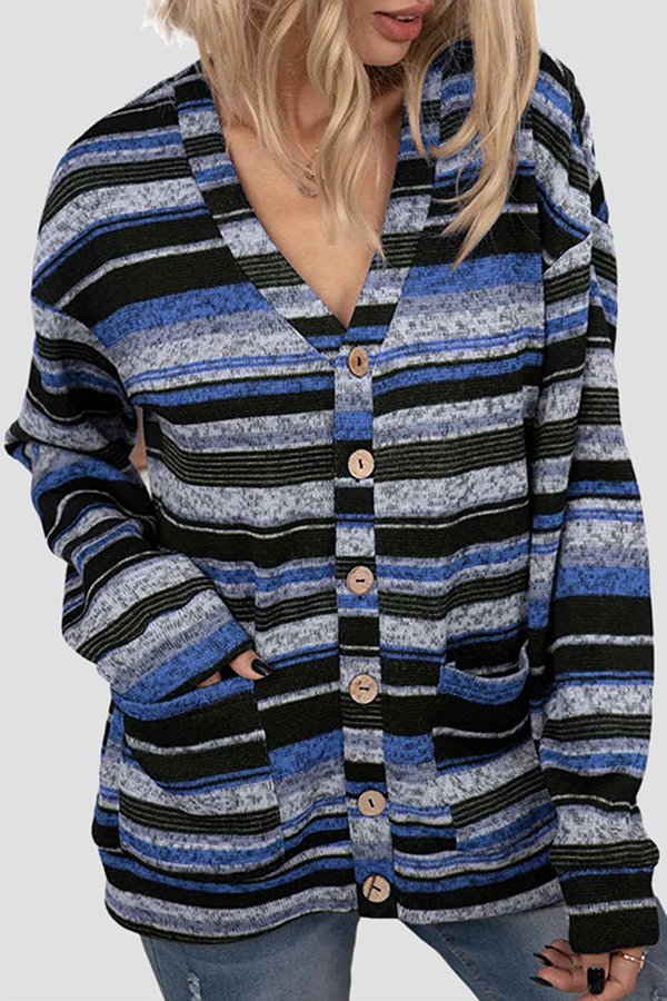 Casual Striped Pocket Buckle V Neck Outerwear(5 Colors)